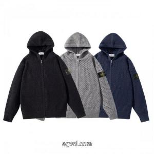 STONE ISLANDエンブレム透かし連帽ジッパーニットカーディガンコート