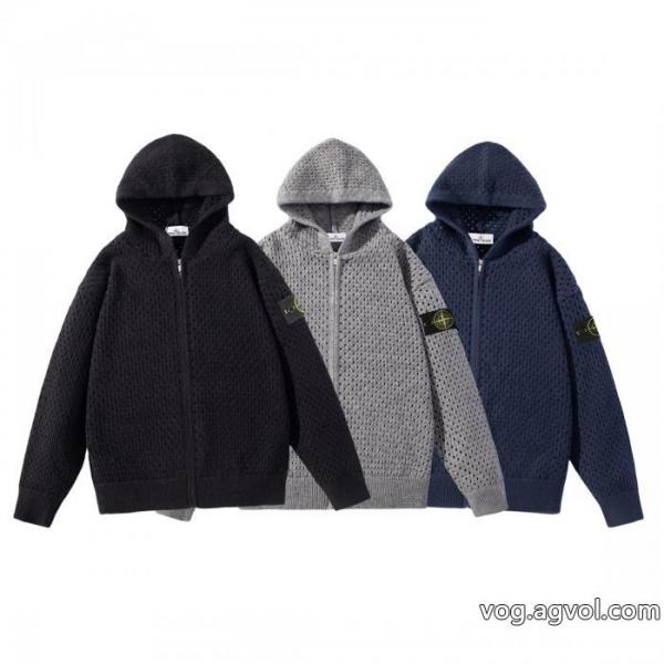 STONE ISLANDエンブレム透かし連帽ジッパーニットカーディガンコート 0 